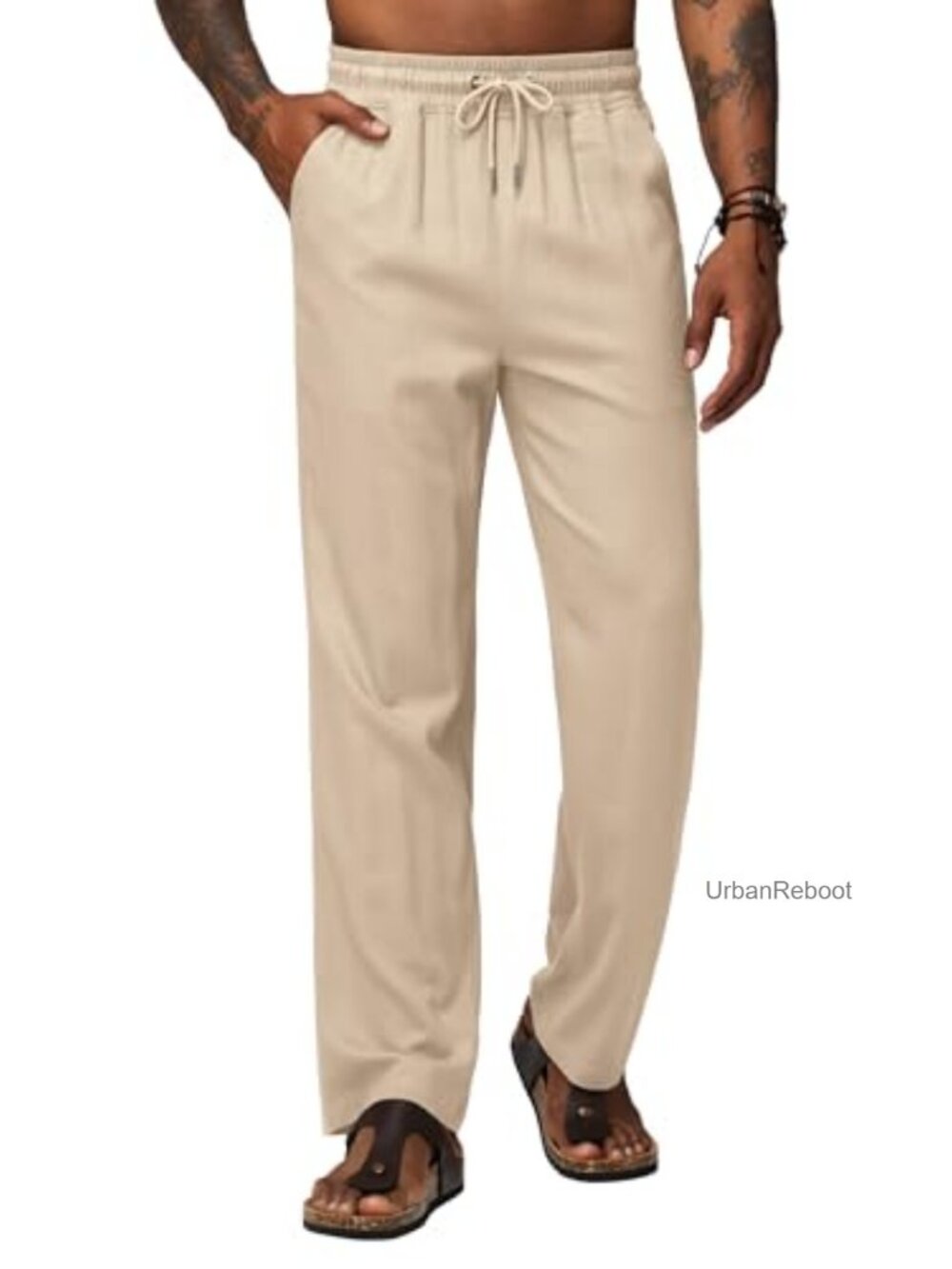 Men's Linen Blend Drawstring Pants Elastic Waist Straight Leg